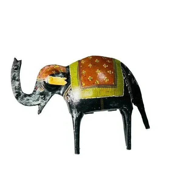 Hand Painted Indian Folk Art Metal Elephant Statue - Trunk Up for Good Luck - Picture 1 of 5